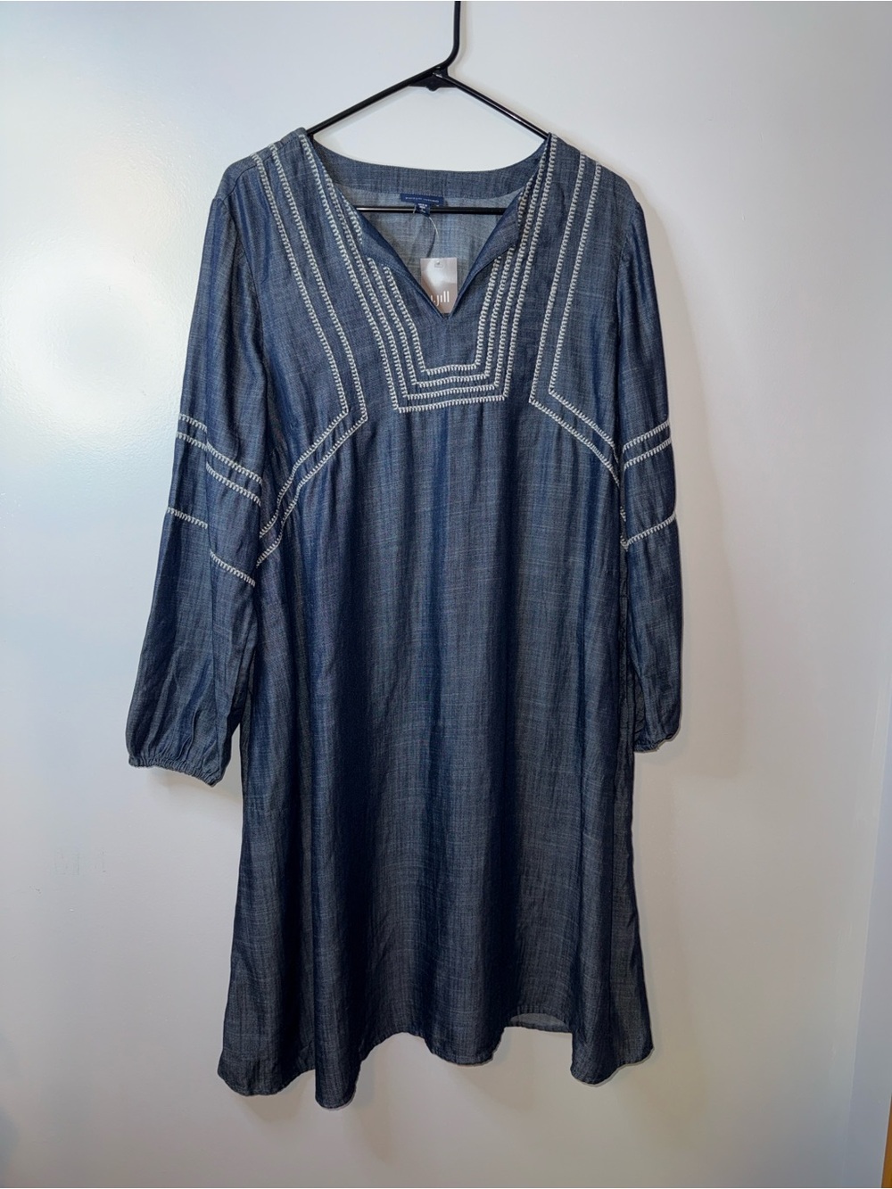 J. Jill Indigo Chambray Tunic Dress with White Embroidery